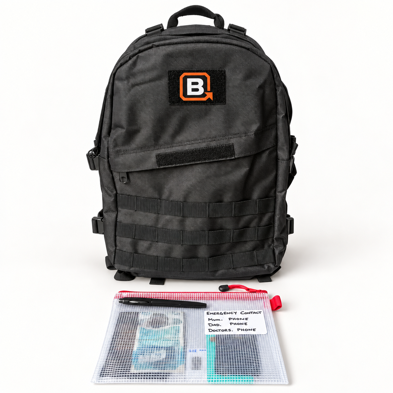 Plan B 40L black rucksack with document pouch, ID card and pen