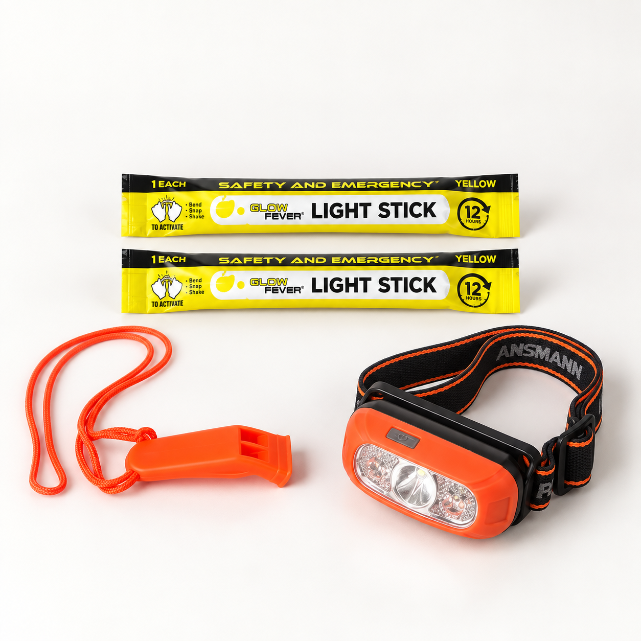 ANSMANN HD70B head torch, emergency whistle and two yellow glow sticks