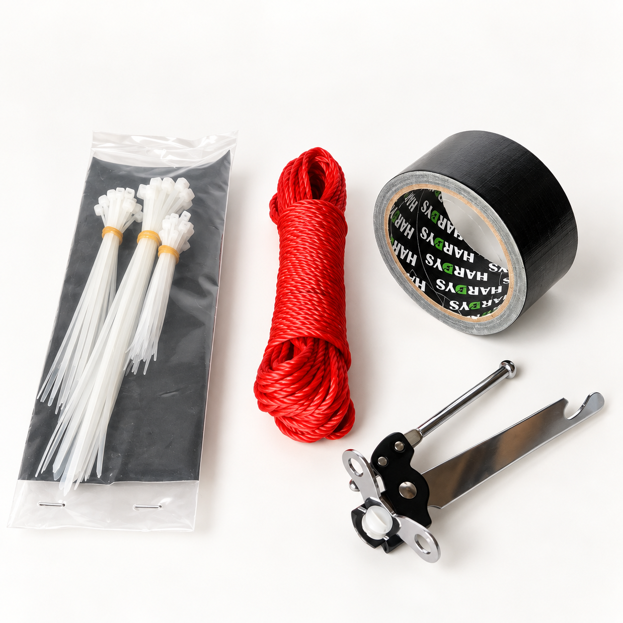 20-metre rope, gaffer tape, 70 cable ties and a manual tin opener