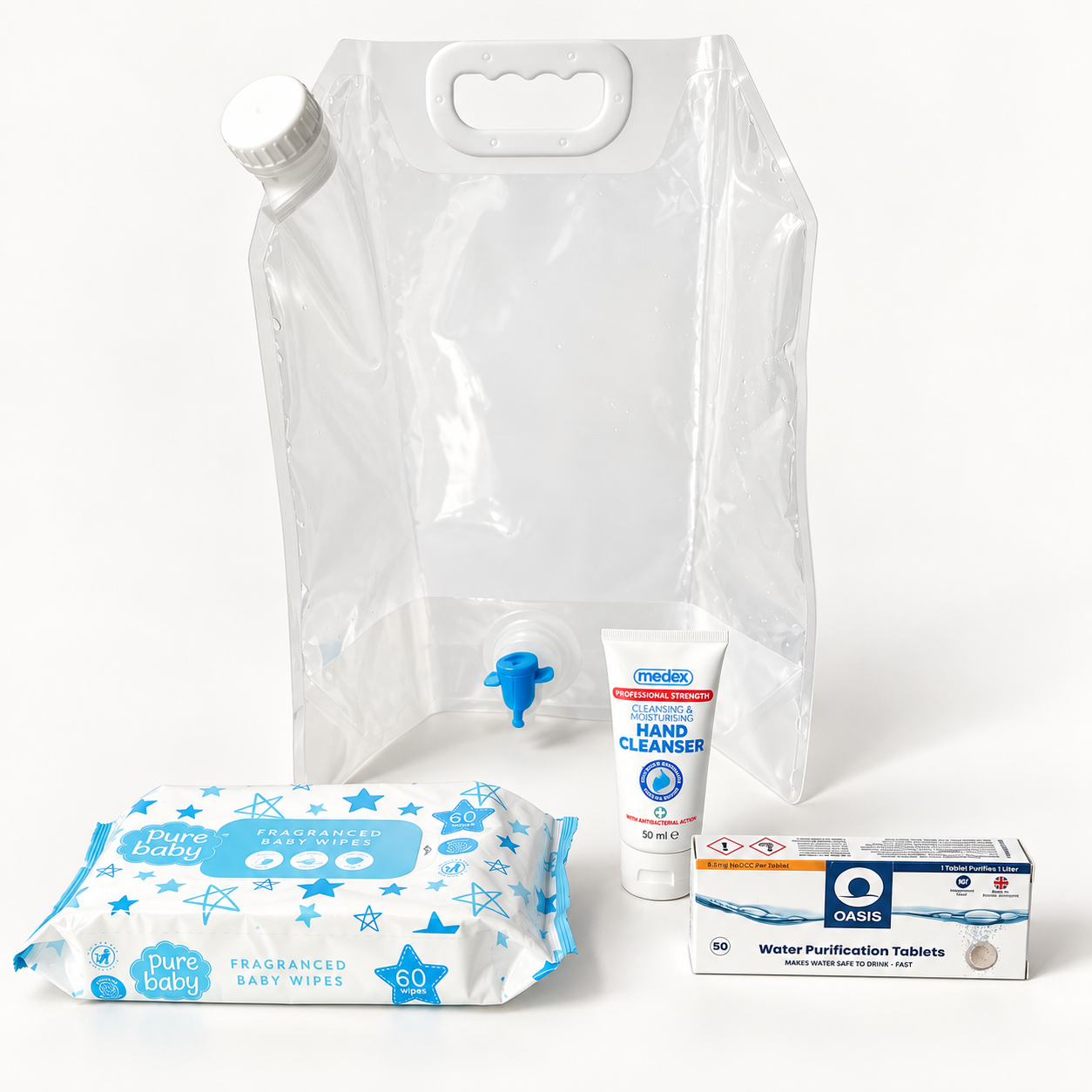 10L collapsible water container, water-purification tablets, wet wipes and hand sanitiser